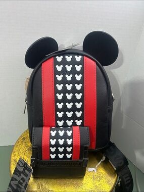 Loungefly Black and Red Mickey Ear Mini Backpack with a wallet White Pattern
